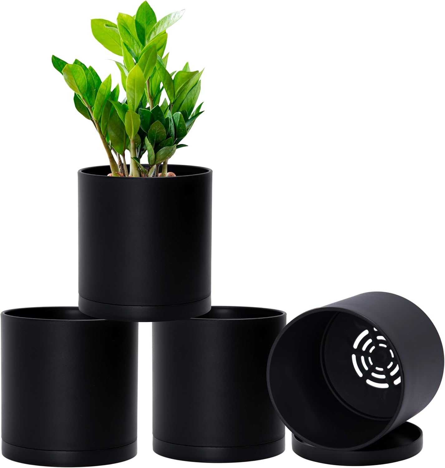 D'vine Dev 4 Pack 5.5 Inch Modern Plastic Plant Pots, Small Garden Planters for Plant with Drainage Holes and Saucers, Black Color, 74-Y-H-2