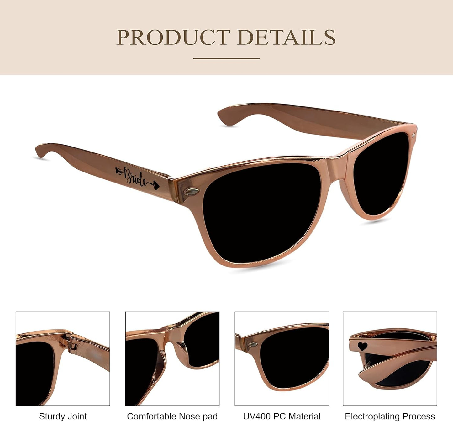 LADY&HOME 10 Pack Bachelorette Sunglasses,Bride Bridesmaid Sunglasses for Bachelorette Party Favors Bridal Shower Supplies (Rose Gold)