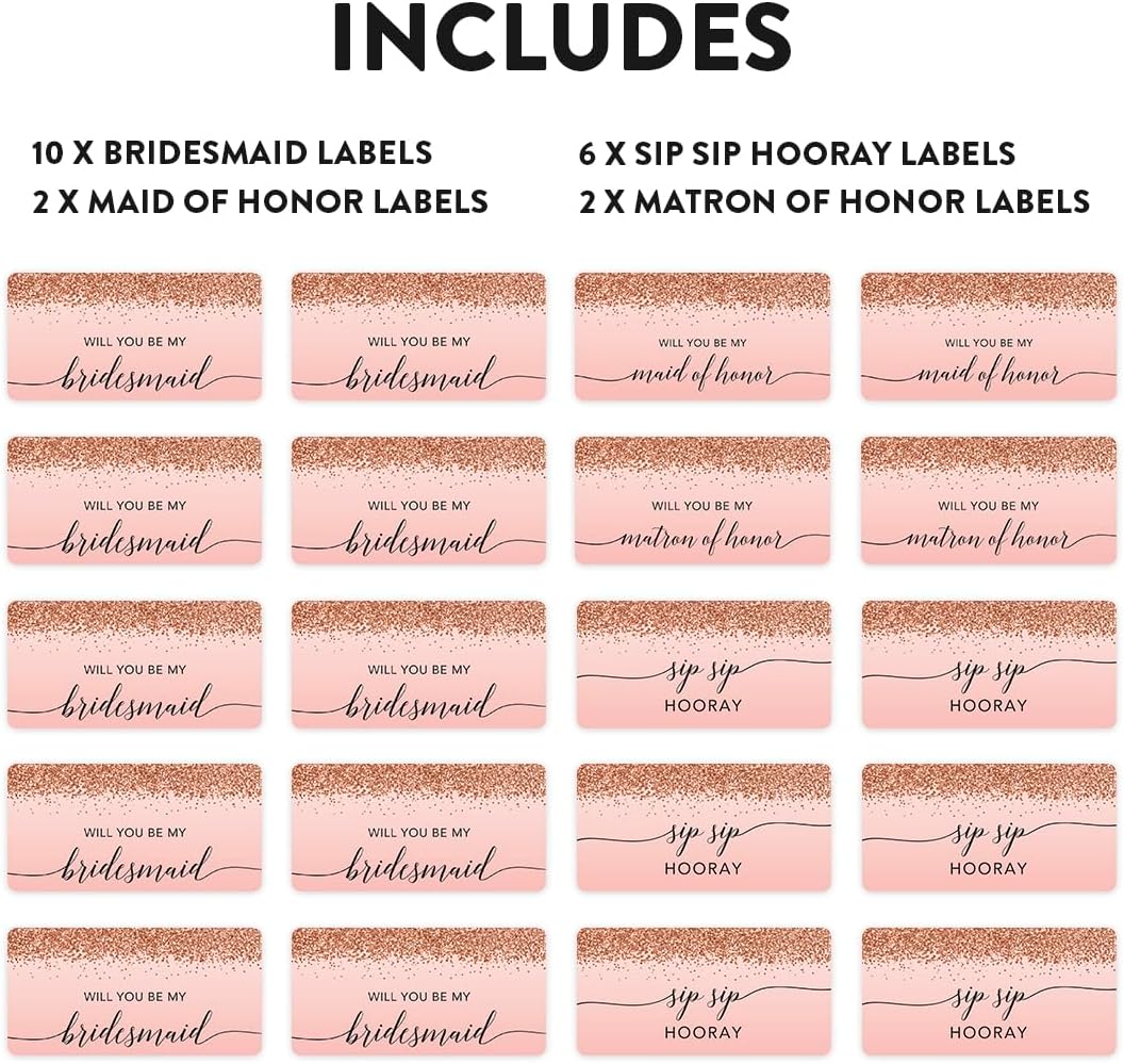 Andaz Press Mini Champagne Wine Bottle Proposal Labels - Will You Be My Bridesmaid? Matron Maid of Honor? - Blush Pink Faux Rose Gold Glitter 20-Pack Stickers