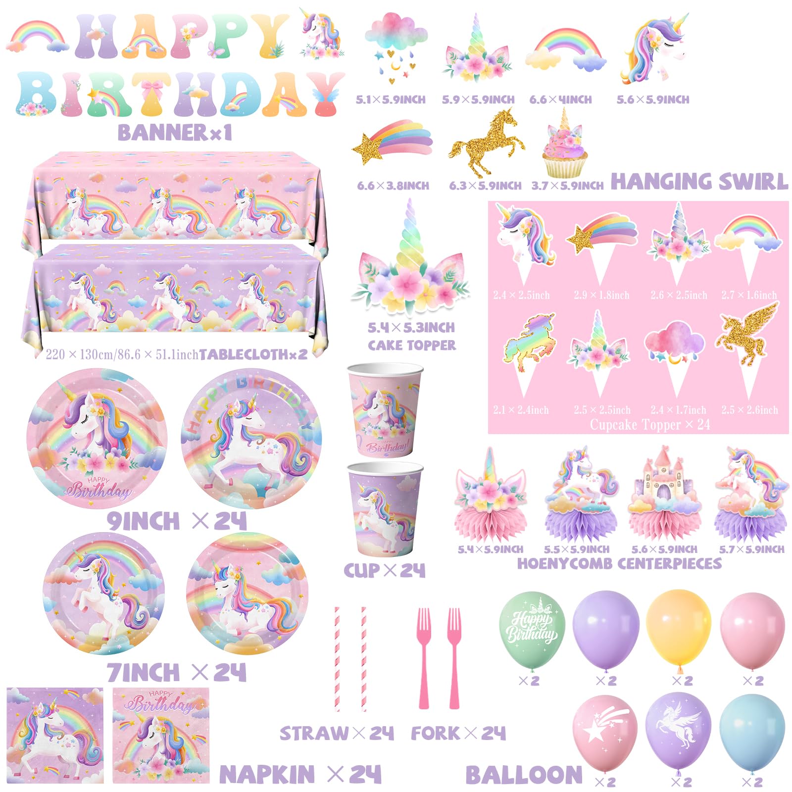 Unicorn Birthday Decorations,189pcs Unicorn Party Decorations Tableware Unicorns Plates and Napkins