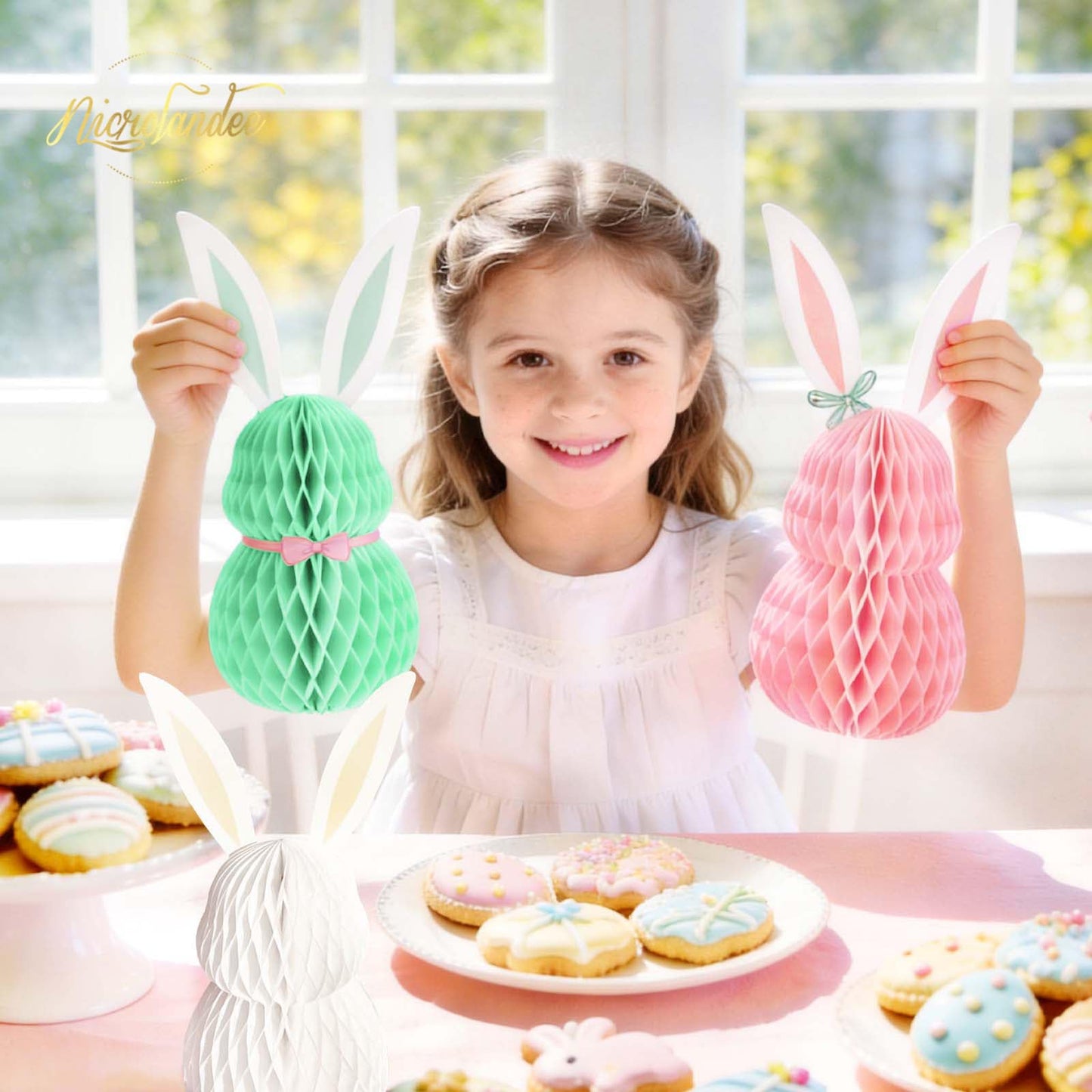 NICROLANDEE Easter Decorations - 3Pcs Mini Easter Bunny Family Honeycomb DIY Table Centerpiece Set