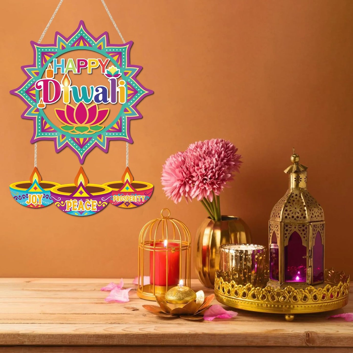 CHDITB Happy Diwali Front Door Sign Wreath(15"x11"), Wooden Lotus Rangoli Diyas Indian Festival of Lights Decoration Wall Hanging, Colorful Deepavali Themed Hanger Decor for Porch Home Office Party