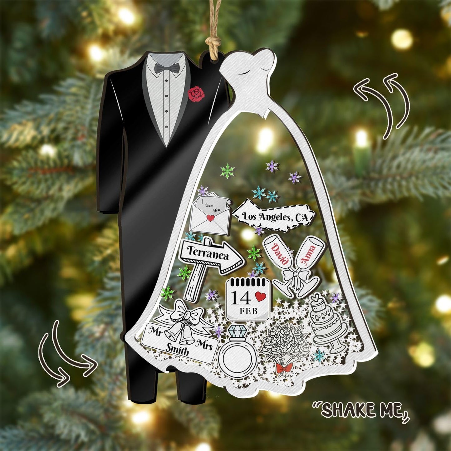 Personalized Wedding Shake Ornament, Custom Bride and Groom Christmas Ornament, First Christmas Married Keepsake Ornament, Newlywed Engagement Gift, Bridal Shower Decoration for Couples