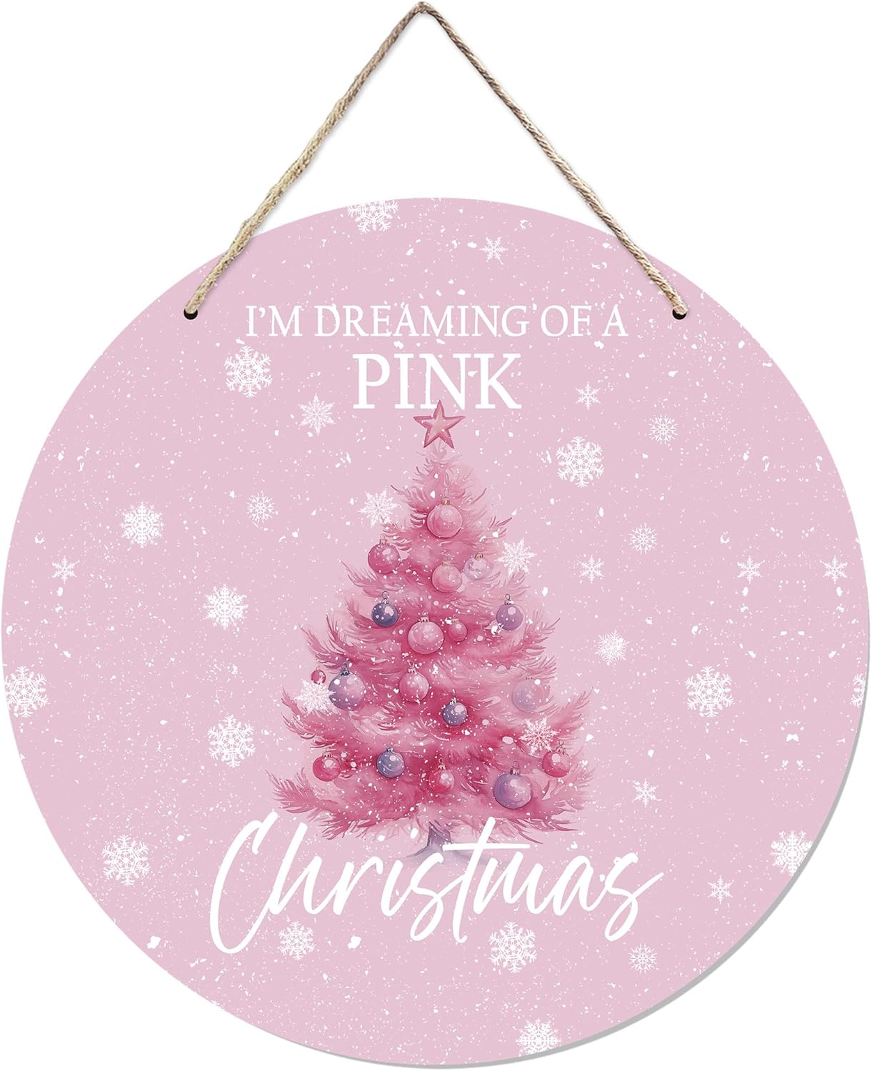 CGBHW Pink Christmas Tree Wooden Sign, Winter Holiday Theme Hanging Sign Wall Decor for Girls Room Home College, Aesthetic Christmas Xmas Snowflake Door Decor 12 x 6 Inch