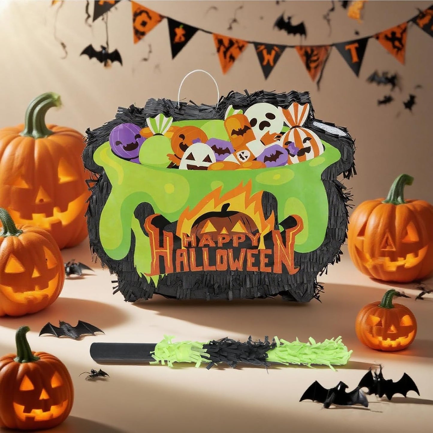 Halloween Witch's Cauldron Pinatas Bundle with a Blindfold and Bat (16.1x12.5x4 Inches), Bubbling Witch Pot, Wizard Theme Birthday Party Game and Decoration