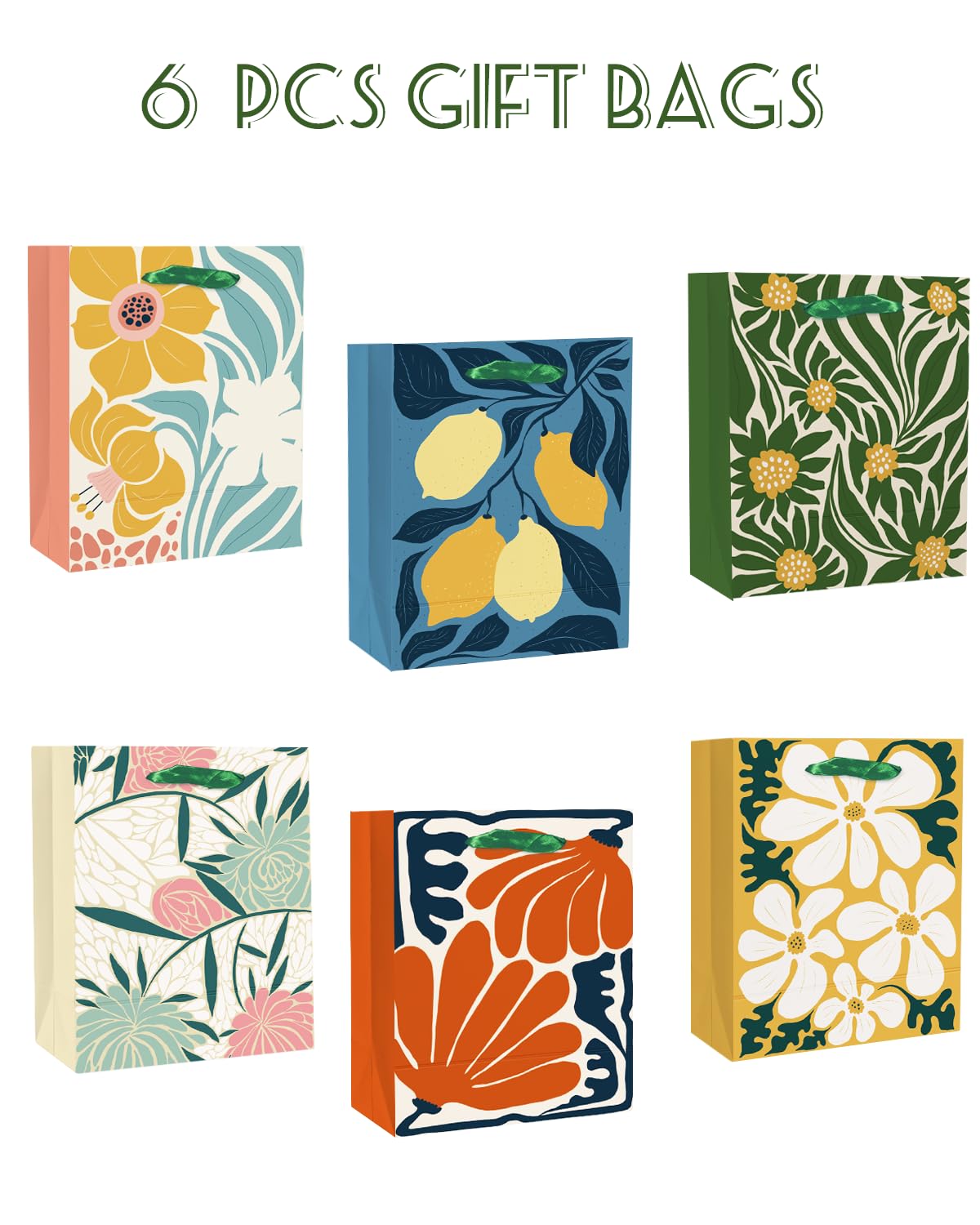 qiqee 7.9"x4.3"x9.6" 6PCS Clash Flowers Paper Gift Bags with Tissue Paper Handles Medium Size Bags（