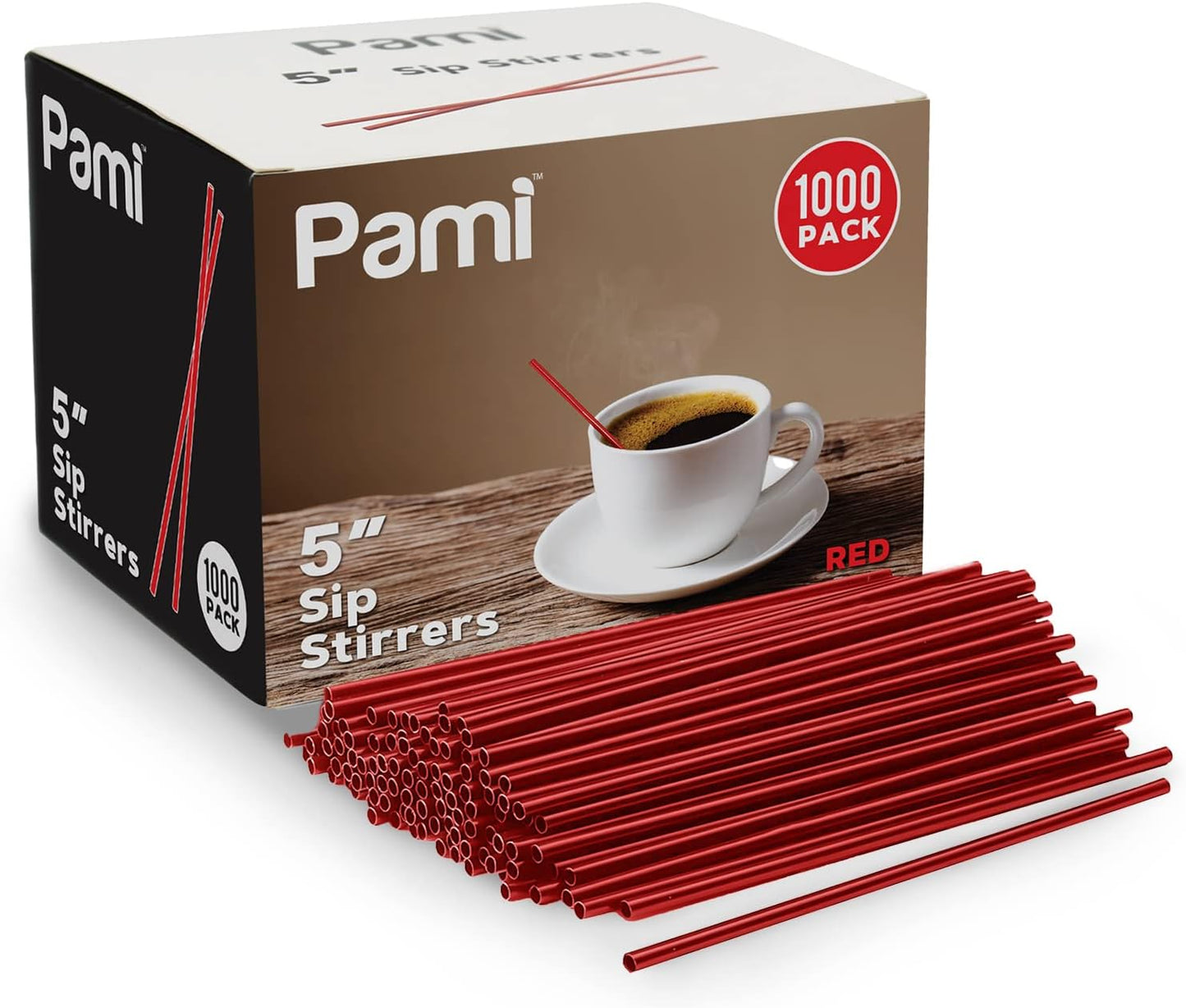 PAMI Disposable 5in Plastic Sip Stirrers/Straws, Value Pack of 1000 Stirring Sticks for Hot & Cold Drinks, Cocktail & Coffee Bar Stir Straws (Red One Size)