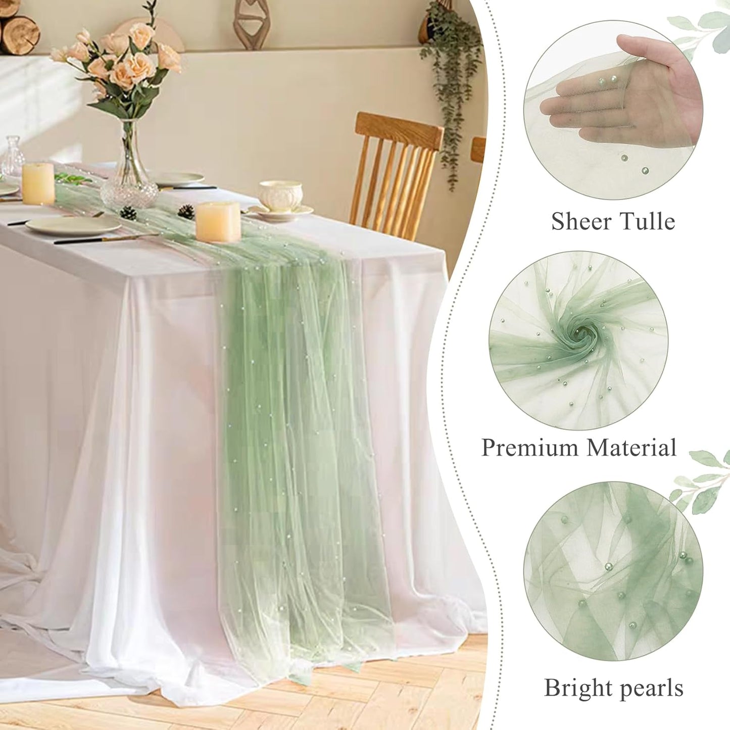 Set of 6 Pearl Table Runner 29 x 120 Inch Sage Green Tulle Fabric Lace Table Runners Boho Rustic Table Runners for Bridal Shower Birthday Party Wedding Arch Aisle Veil Dessert Table Decor(Sage Green)