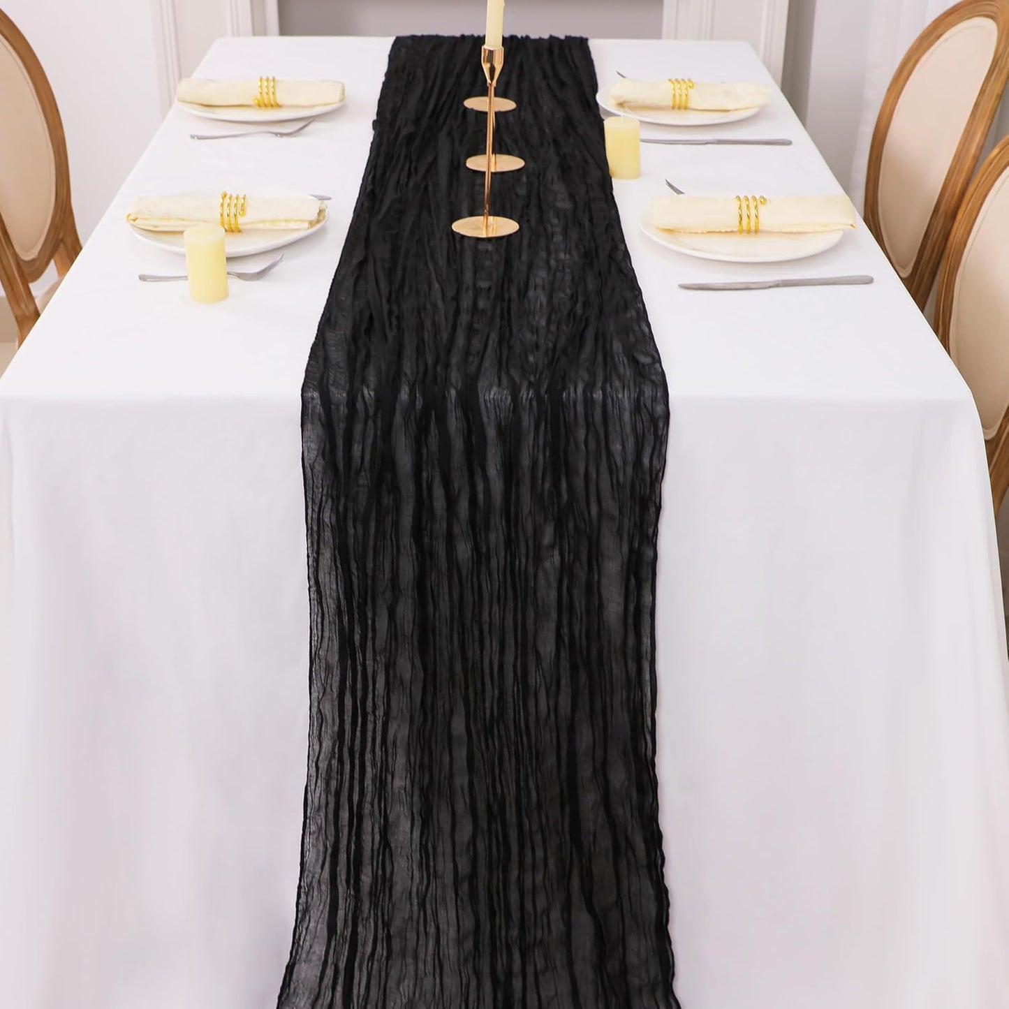 Snowkingdom 6PCS 13 Ft Black Cheesecloth Table Runner, 160 inch Long Cheese Cloth Boho Gauze Runners for Wedding Bridal Baby Shower Birthday Holiday Party Halloween Table Decorations