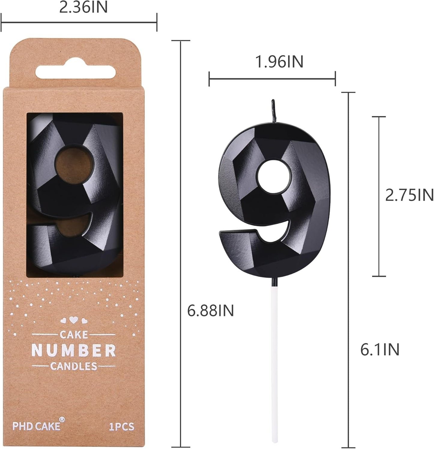 PHD CAKE 2.76 Inch Crystal Black 9 Number Birthday Candles, Black Number Candles, Cake Number Candles, Party Celebration