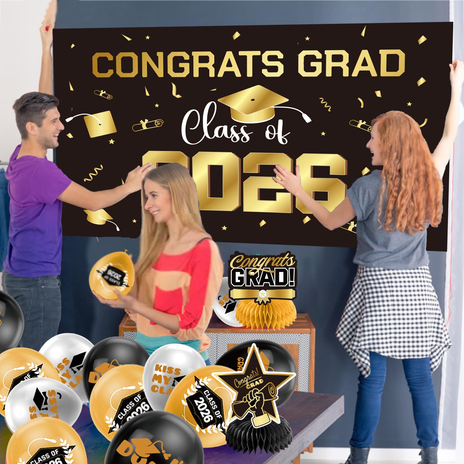 Graduation Decorations 2026 Gold Themed Set - Congrats Grad Banner, Class of 2026 Backdrop