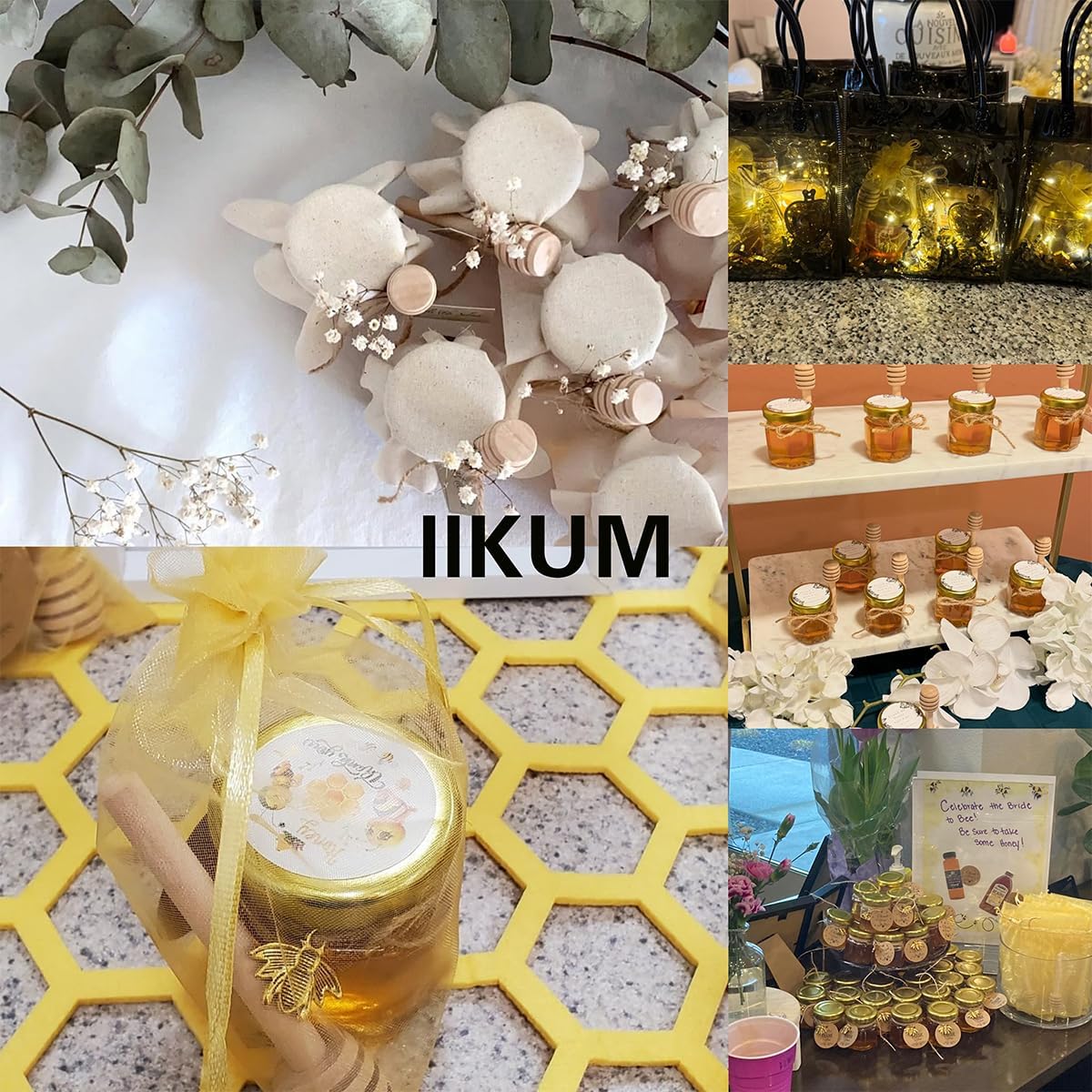 IIKUM 60 Pack 1.5 oz Glass Honey Jars with Baby Shower Sash, Dippers, Bee Pendants, Gift Bags, Thank You Cards, Jute and Stickers-Great Honey Jars Set for Baby Shower Favors, Welcome Baby Decorations