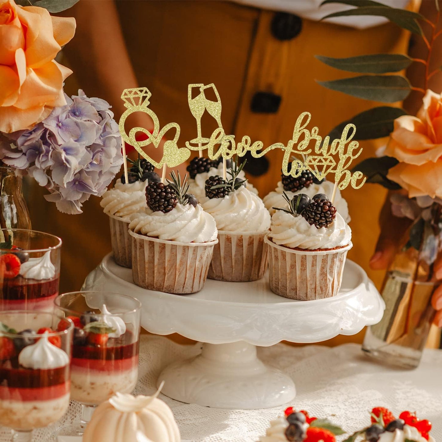 35 PCS Glitter Diamond Ring Bride to be Love Cupcake Topper Champagne Cake Picks Decorations for Bridal Shower Wedding Engagement Party Supplies, Gold