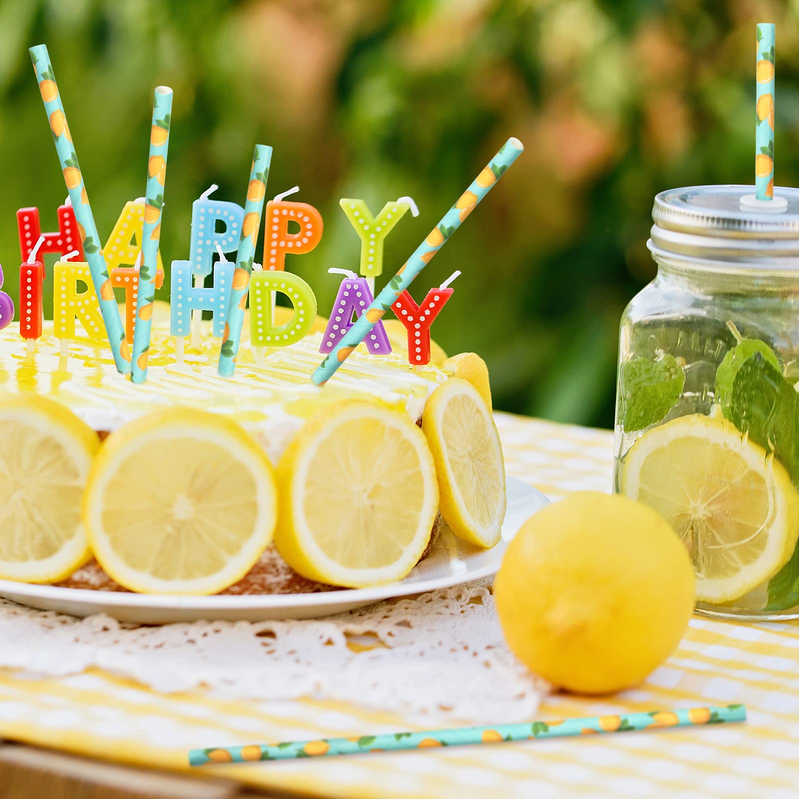 Whaline 200Pcs Watercolor Lemon Paper Straws Summer Disposable Drinking Straws Lemon Party