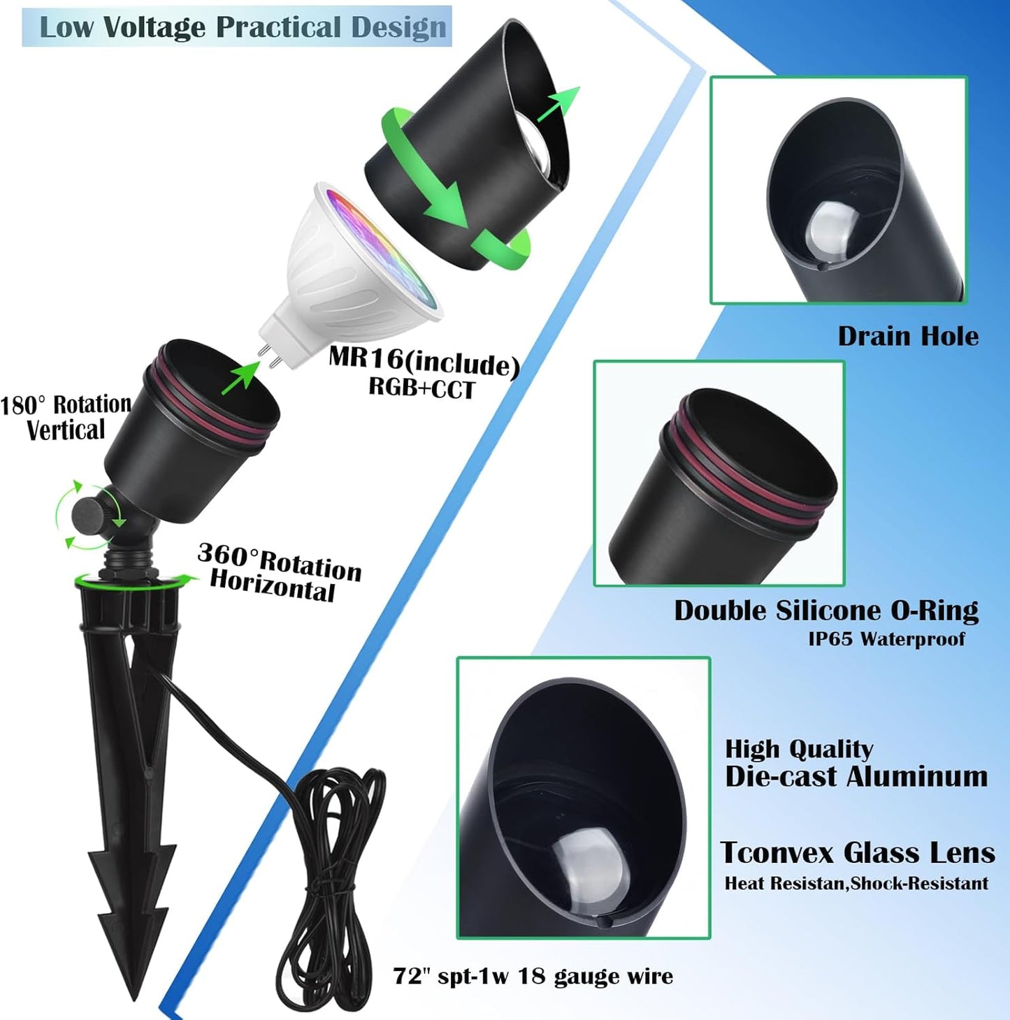 Low Voltage Landscape Lighting with 4 Spot Lights, RGB Color Changing from Warm to Cool White 5000K 12V Outdoor Landscape Lights,Waterproof Black LED Spotlights for Outdoor Garden Pathway,4 Pack