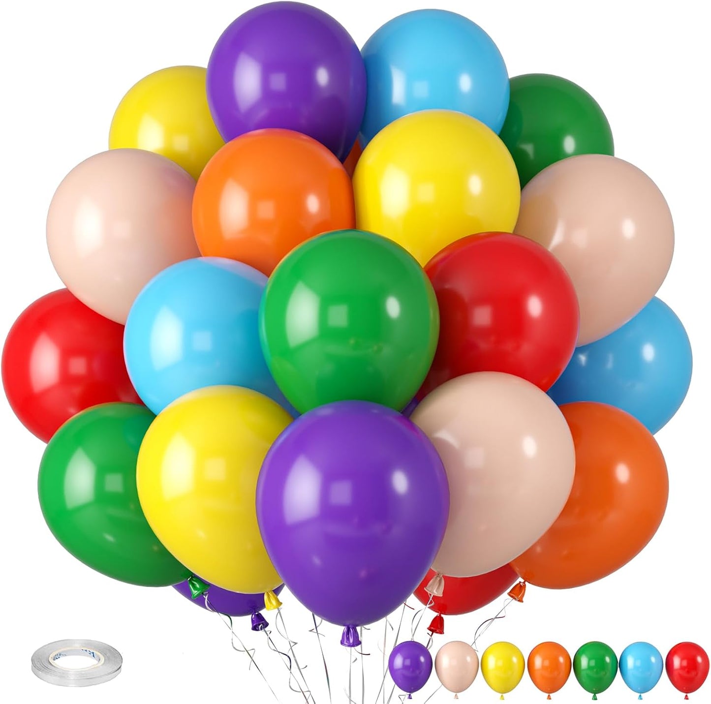 Multicolor Rainbow Balloons, Multicolor Balloons Light Blue Yellow Dark Green Purple Orange Red Balloon Colorful Latex Balloons for Birthday Kids Party Wedding Baby Shower Engagement Decorations