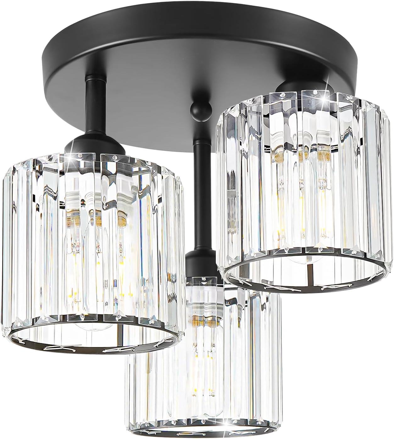 Crystal Semi Flush Mount Ceiling Light, 3-Light Modern Close to Ceiling Light Fixtures, Black Kitchen Light Fixtures with Clear Crystal Shade, Hallway Light Fixtures for Hallway Bedroom Bathroom, E26
