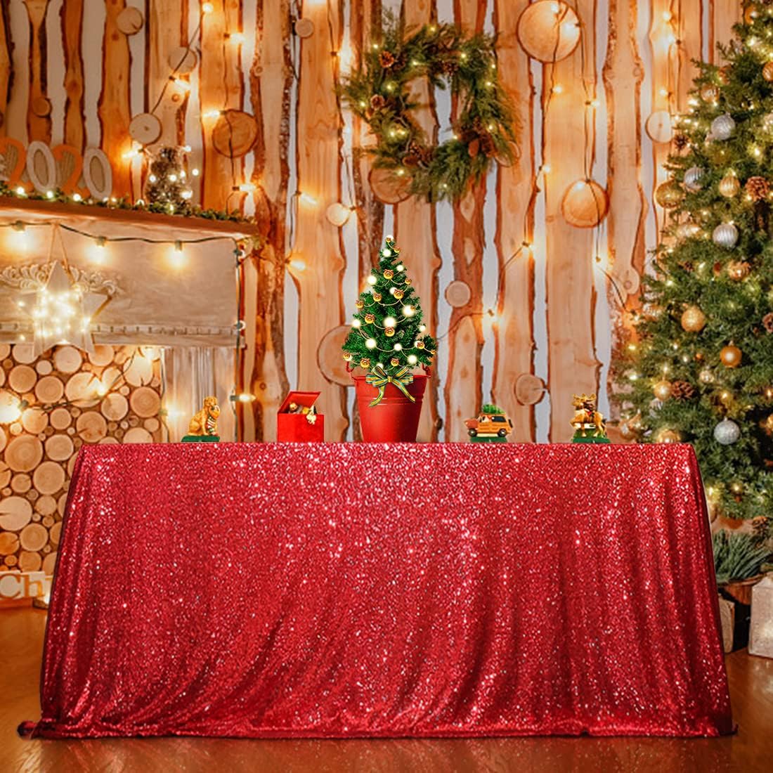SquarePie Sequin Tablecloth 90 x 132 Inch Red Sparkly Table Linen for Christmas Wedding Party