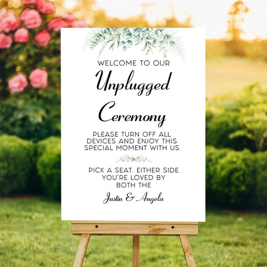 Personalized Unplugged Ceremony Sign – Elegant Wedding Yard Sign with Greenery – Turn Off Devices & Find Your Seat