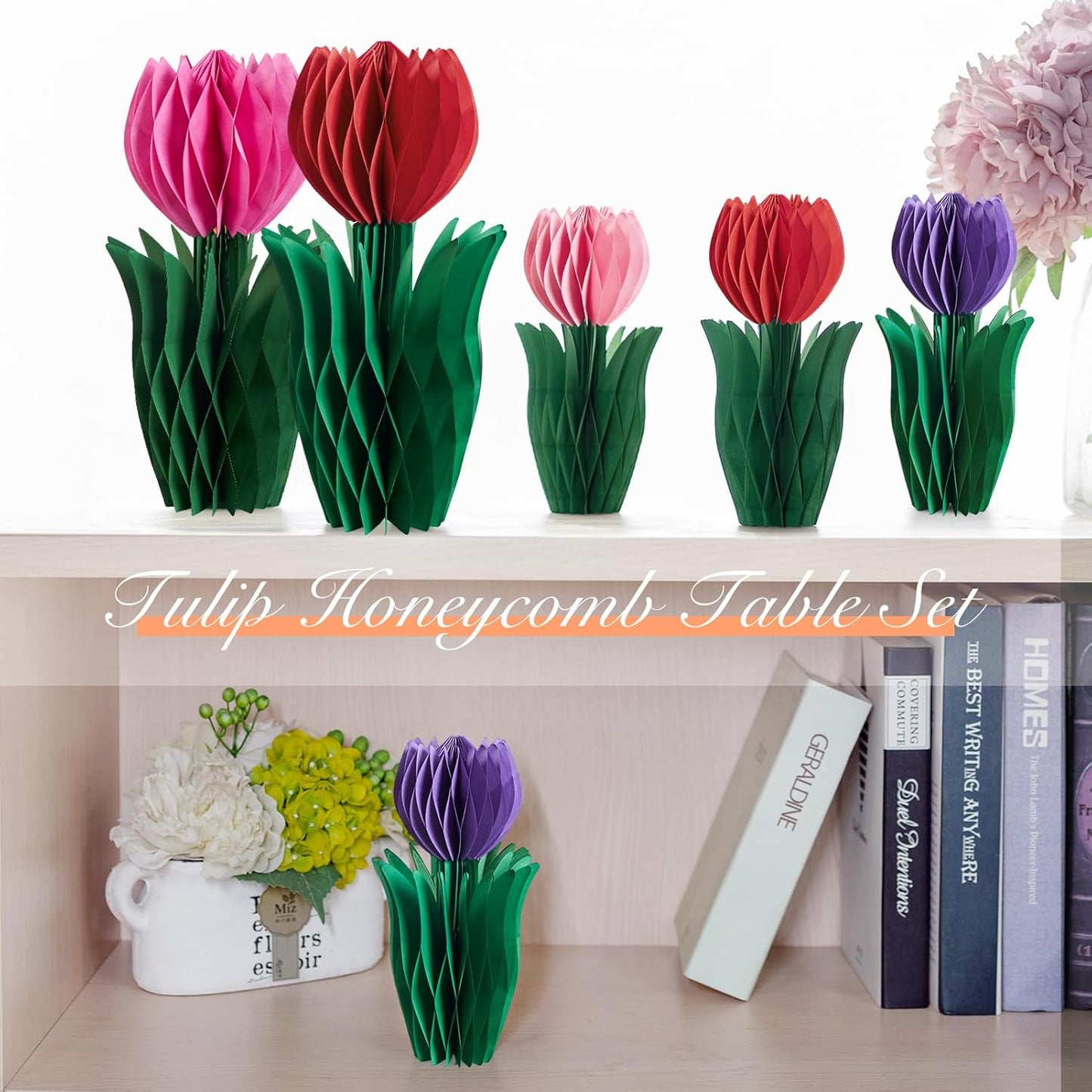 SUNBEAUTY 8 PCS Flower Honeycomb Decoration - Red Tulip Decor for Mother's Day and Spring - Table Centerpieces