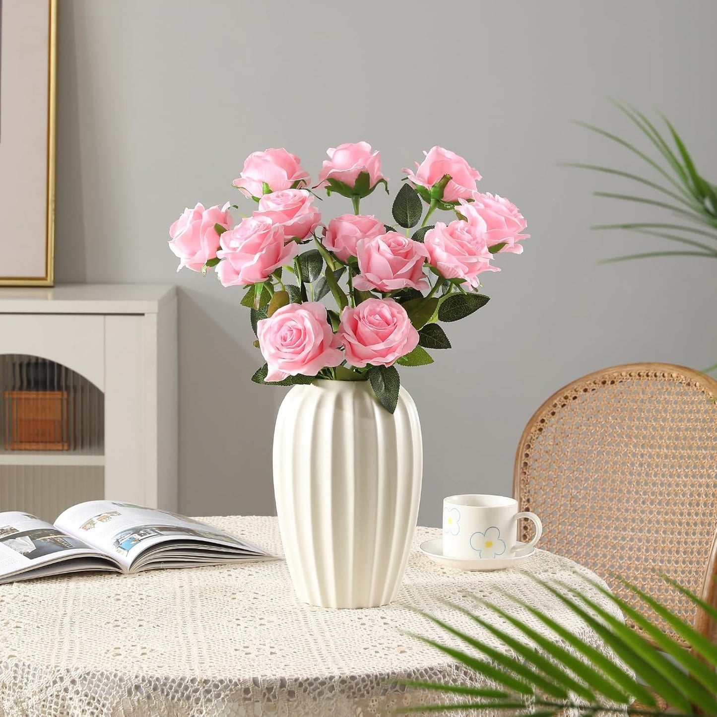 Tifuly Pink Roses Artificial Flowers - 12 pcs Realistic Single Long Stem Fake Silk Roses Bouquet for Party Home Wedding Centerpiece Office DIY Decor