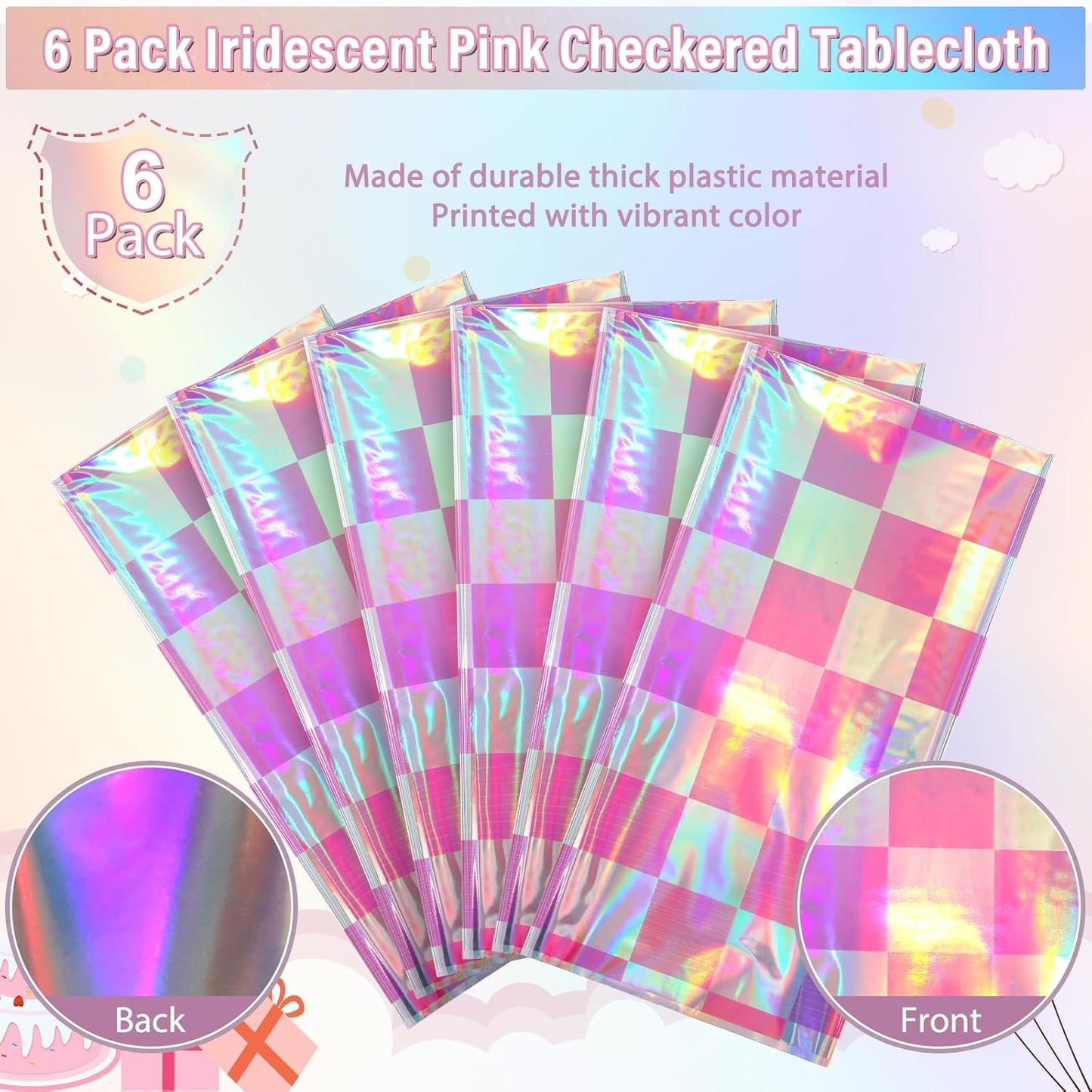 6 Pack Pink and Iridescent Checkered Plastic Tablecloth, Shiny Disposable Laser Rectangle Table Covers, Holographic Foil Tablecloth Iridescent Party Decorations for Picnic Camping Outdoor, 54x108Inch