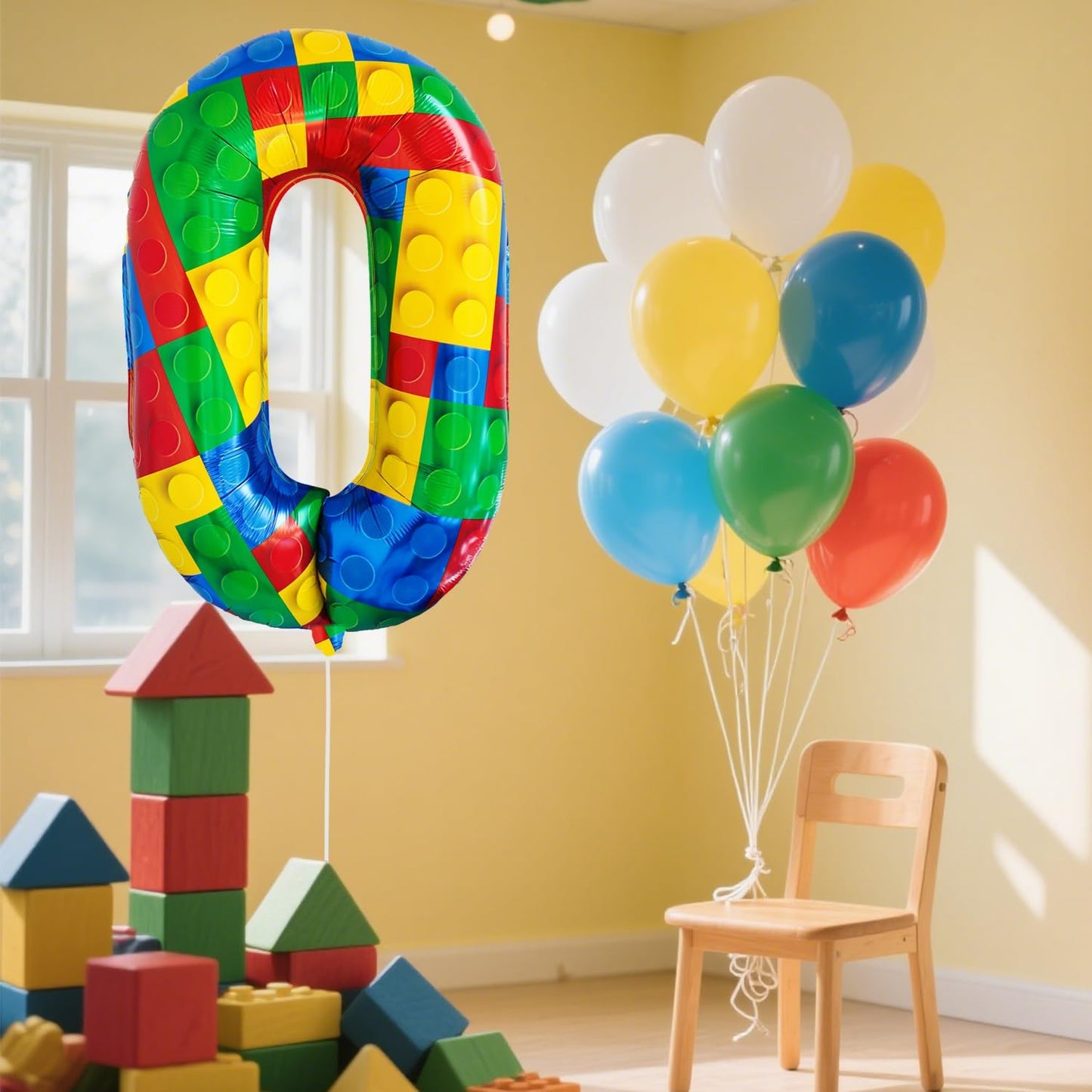 32 Inch Stackable Block Number Balloon – Colorful Brick Building Themed Big Helium Digits for Kids Birthday Party Decorations (Building Block, Number 0)