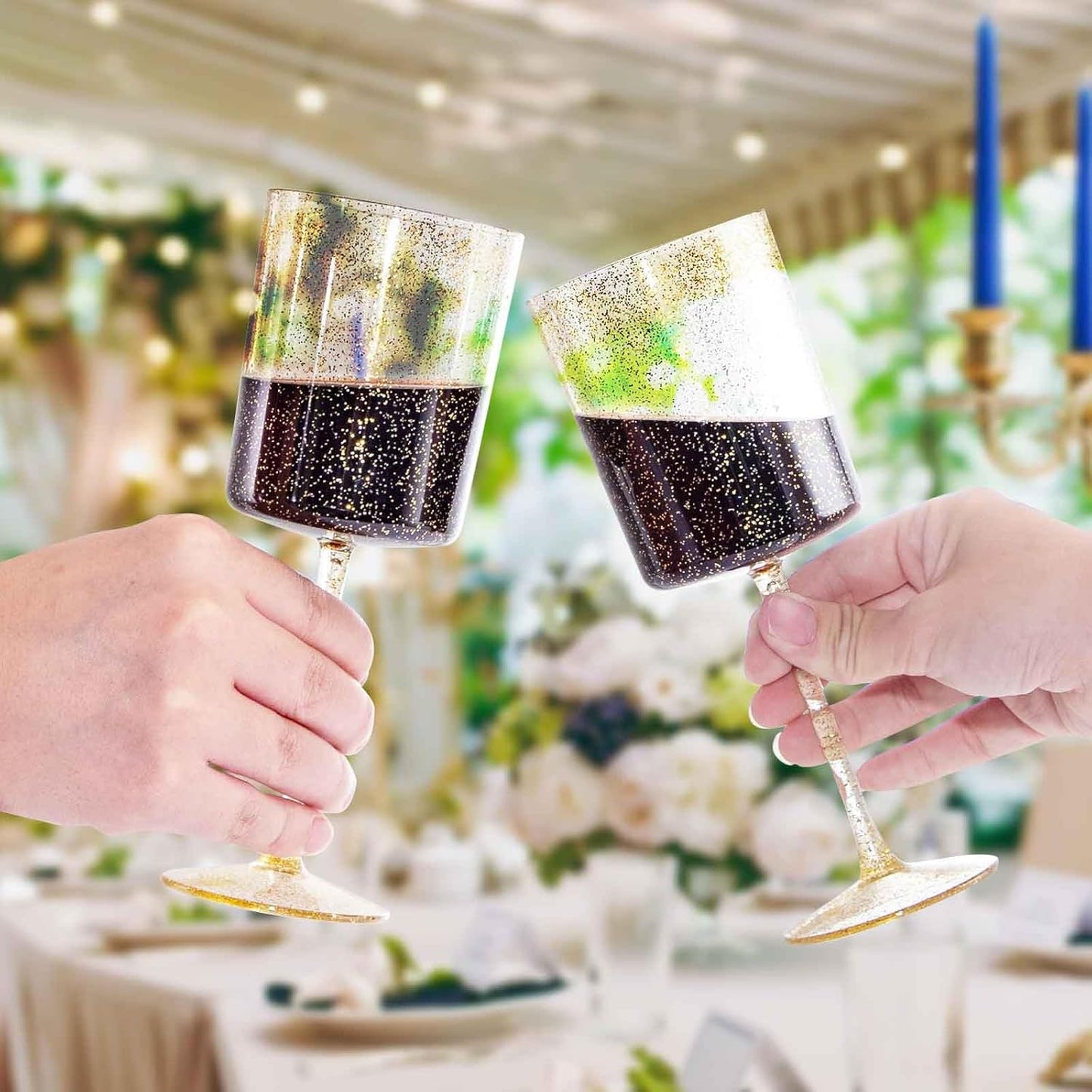 Ciaell 6 Pack Gold Plastic Wine Glasses - 10 Oz Disposable Glasse with Stem - Disposable Wine Glasses Perfect for Parties & Weddings & Poolside & Outdoors & Camping & Thanksgiving