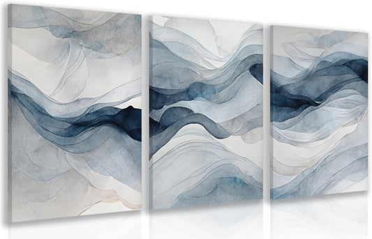 IAFWZX Framed Blue Gray Abstract Wall Art, Modern Minimalist Waves Wall Decor, Neutral Watercolor Line Canvas Paintings, Navy Blue Watercolor Poster Prints for Bedroom Living Room Office 12"x16"x3