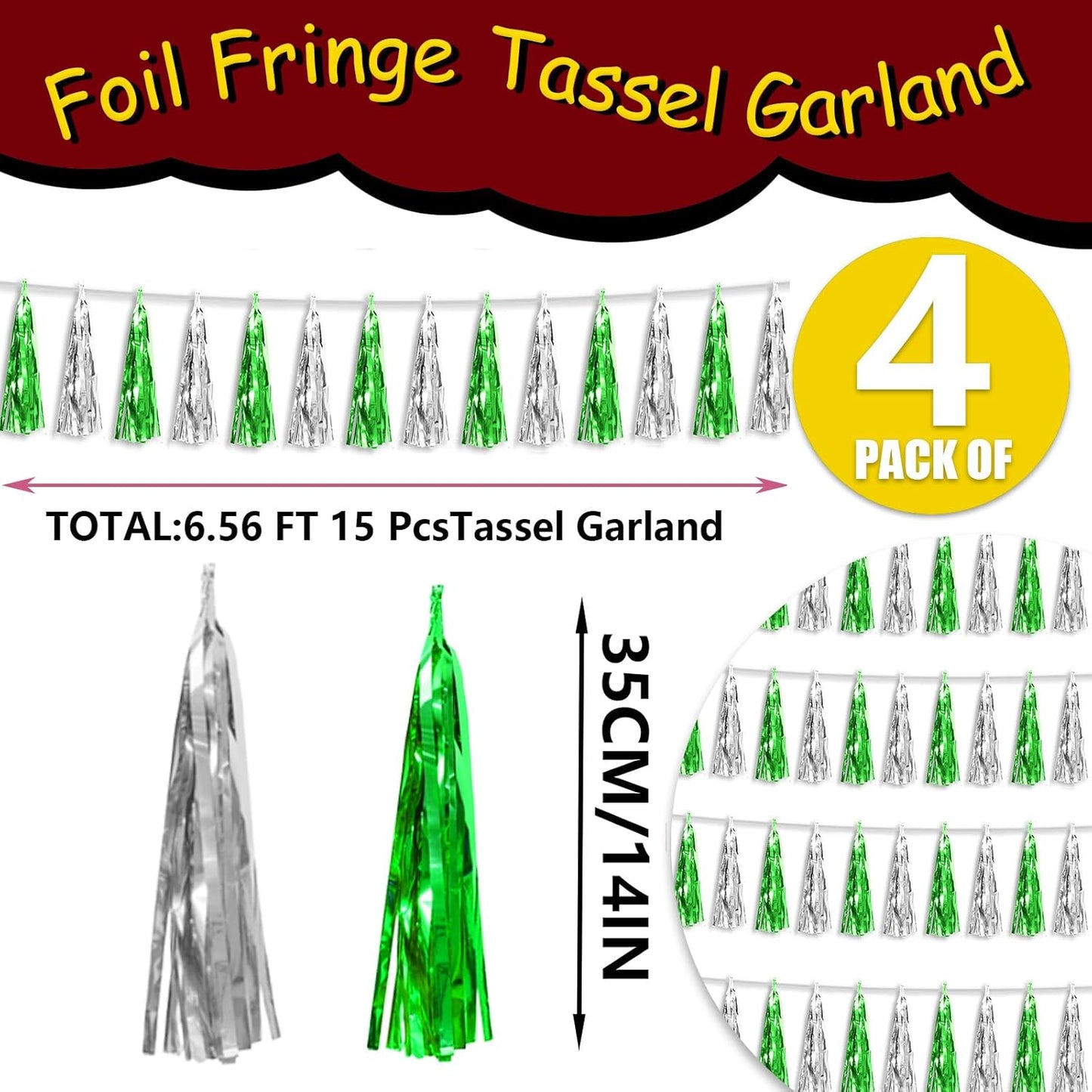 4P Green Silver Foil Fringe Tassel Banner Garland Metallic Tinsel Streamers Wall Hanging Curtain Backdrop Banner for Parade Floats, 2024 Graduation Decorations, Father's Day Party Decoration