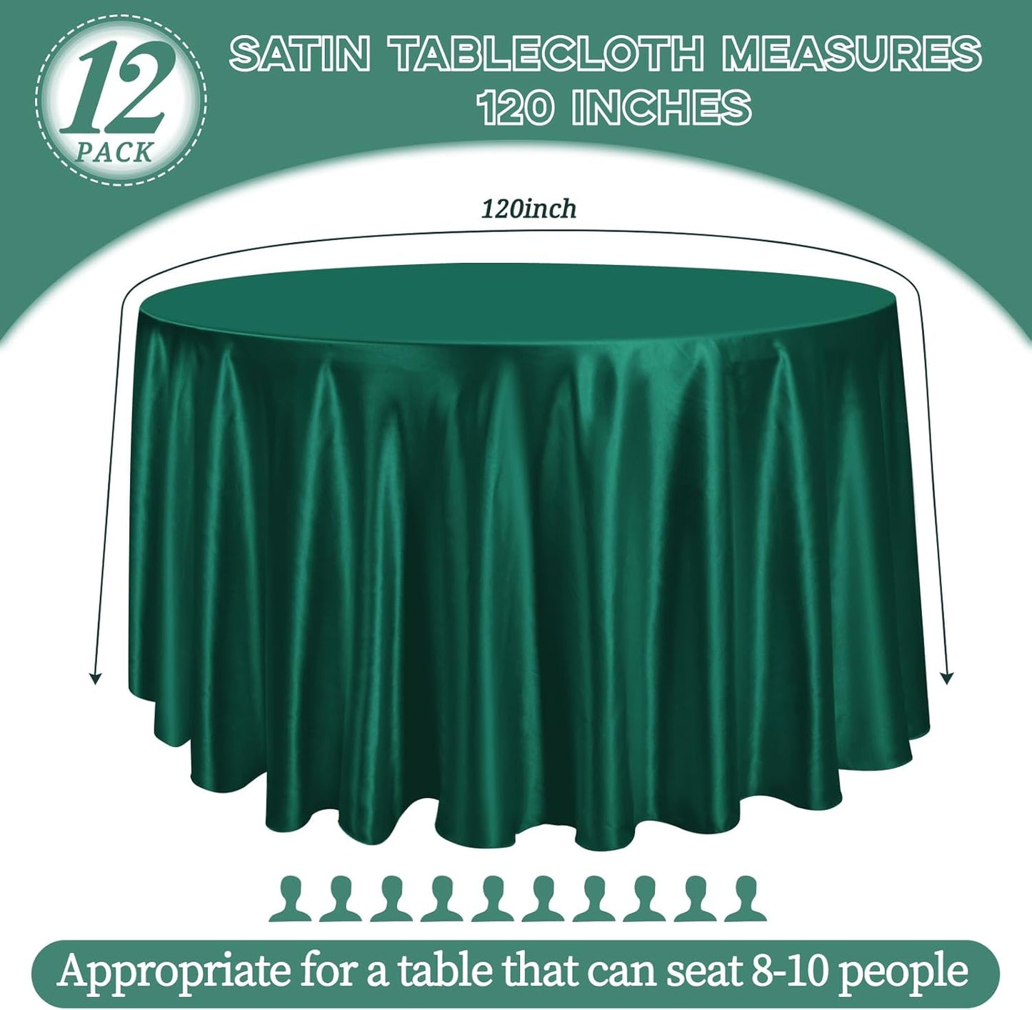 12 Pack 120 Inch Hunter Green Satin Tablecloth - Premium Bright Silky Round Tablecloth Overlay Smooth Fabric Table Cover, Table Decoration for Wedding Party Banquet Events Restaurant Kitchen Dining