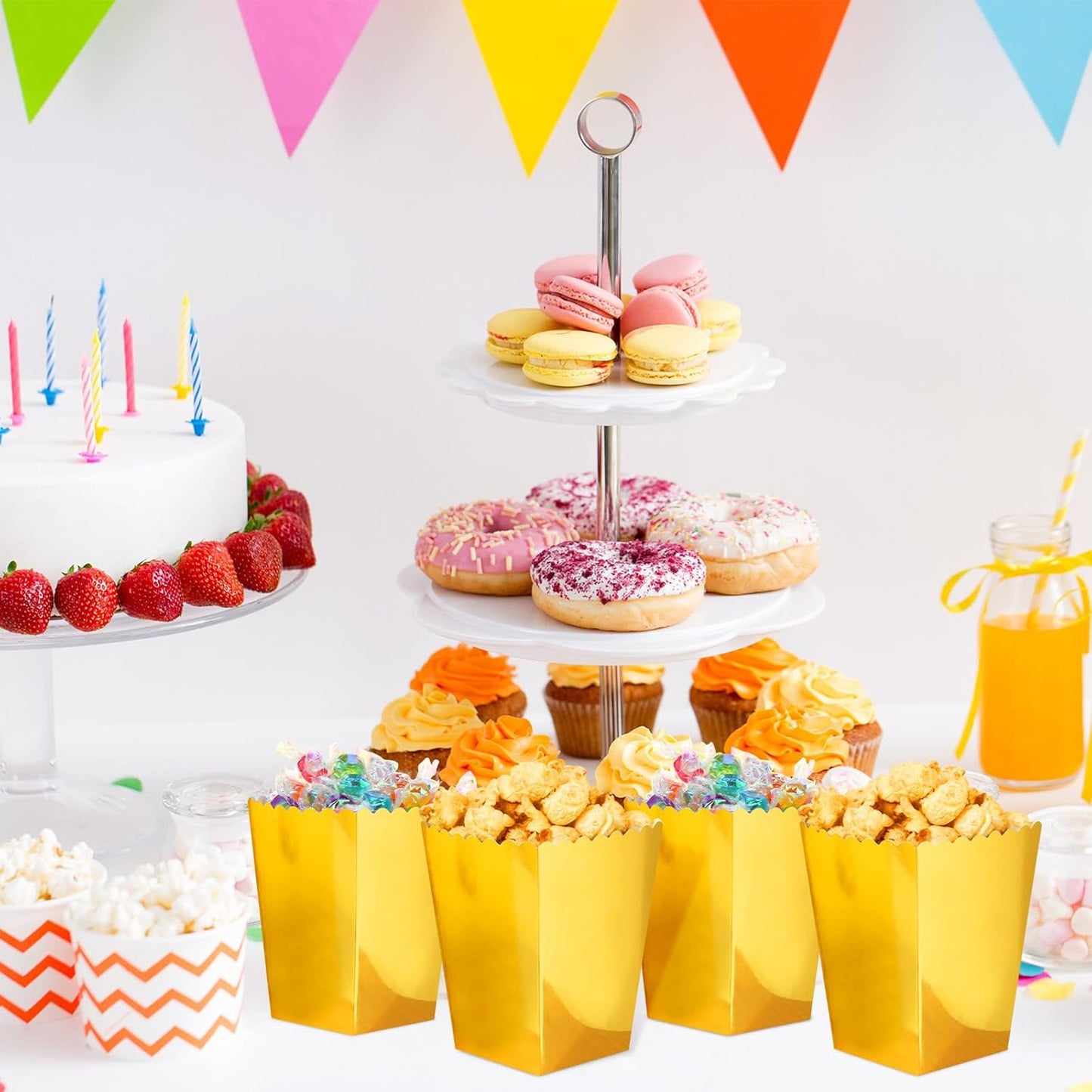 Meanplan 200 Pcs Popcorn Boxes Mini Paper Popcorn Holder Cardboard Snack Container for Party Disposable Snack Candy Bags for Birthday Wedding, 2.2 x 4.2 x 3 in(Simple,Gold)