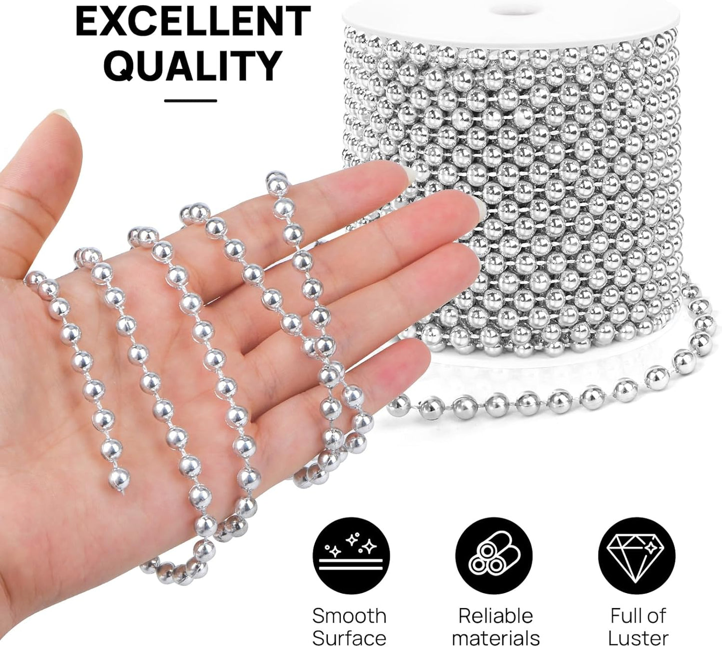 Craft String Pearls 6MM Pearl Bead, 66 Feet Silver Faux Pearl Garland Spool Roll Strand Wedding Party Decoration, Christmas Tree Decorations