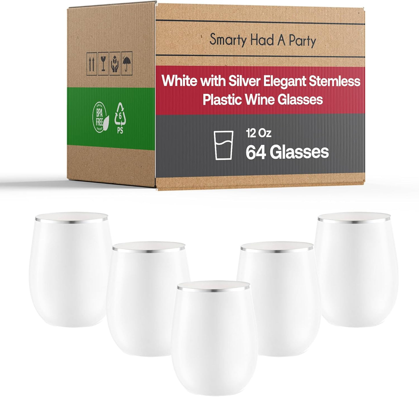 Smarty Had A Party 64 White with Silver Elegant Stemless Plastic Wine Glasses, 12 oz Disposable Drinkware, Plastic Wine Glasses for Parties