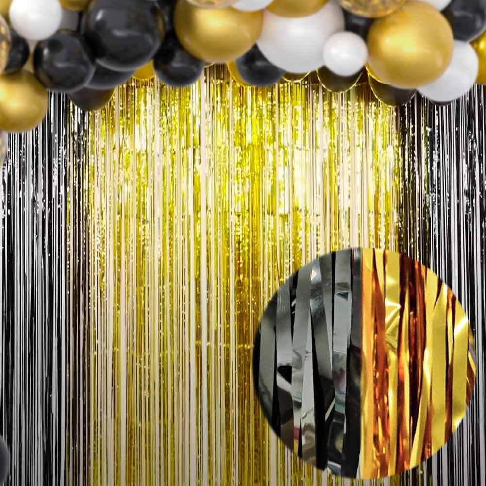 Black and Gold Party Decorations - 4Pack 3.2x8.2ft Black and Gold Foil Fringe Curtains for Birthday Party Decorations
