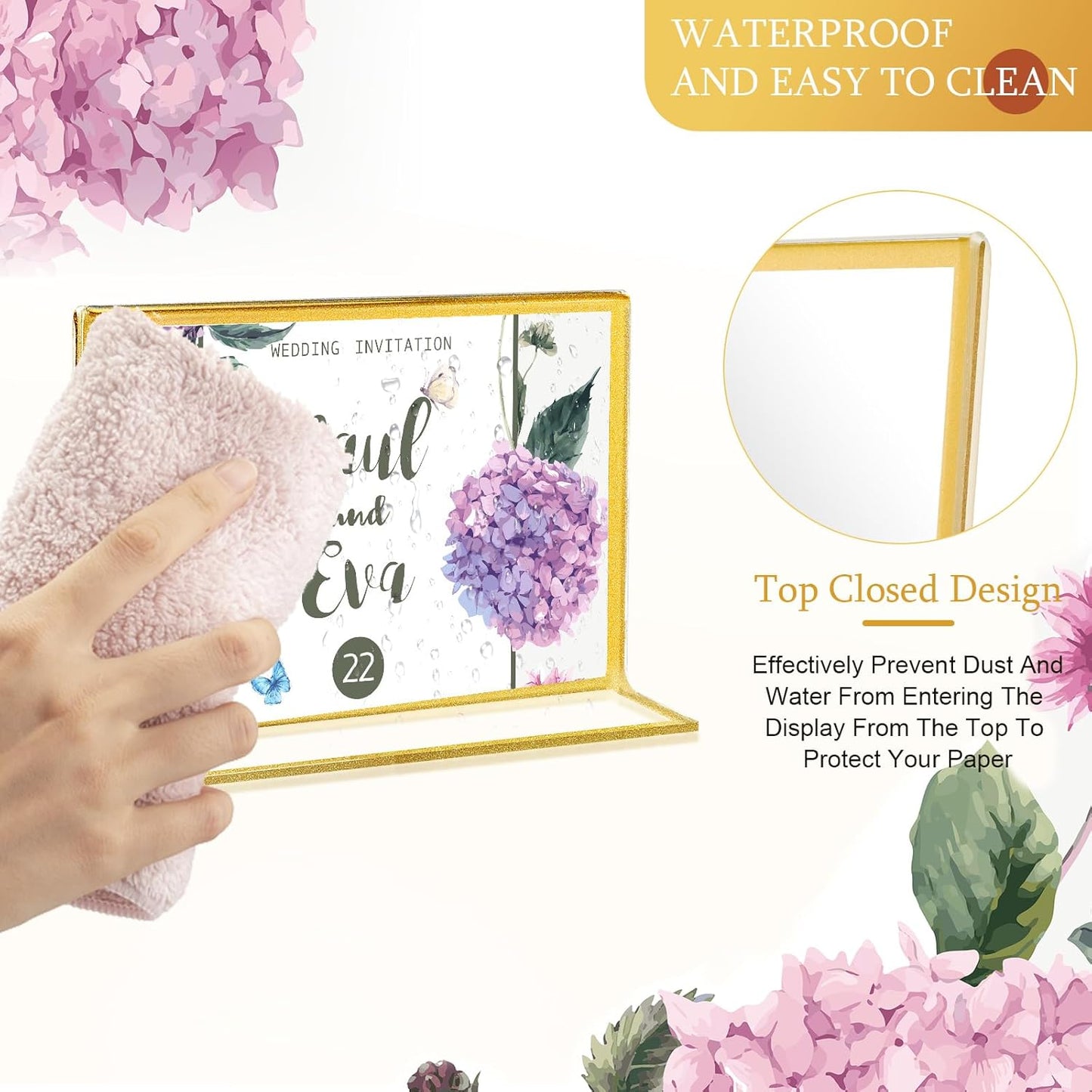 Hoteam 24 Pack 7 x 5 Clear Acrylic Sign Holder with Gold Borders, Gold Picture Frame, Double Sided Wedding Table Number, Acrylic Menu Stands for Wedding Table, Restaurant Sign, Photos Display