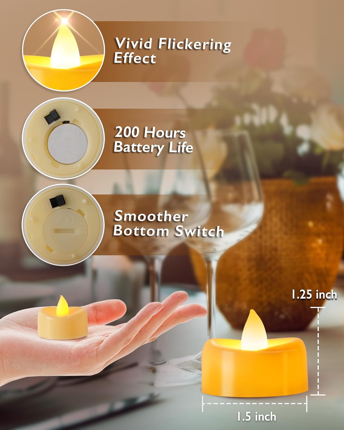 Raycare 50 Pack LED Tea Lights Battery Operated, 200+Hour Flickering Votive Candles, Realistic Fake Flameless TeaLights for Wedding Party Halloween Thanksgiving Christmas Decorations,Ivory Base