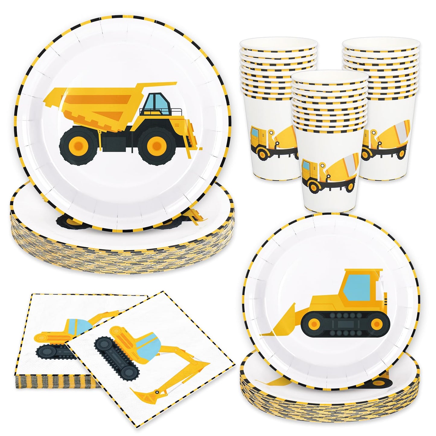 Whaline 96Pcs Construction Party Tableware Dump Truck Paper Plate Napkin Cup Yellow Black
