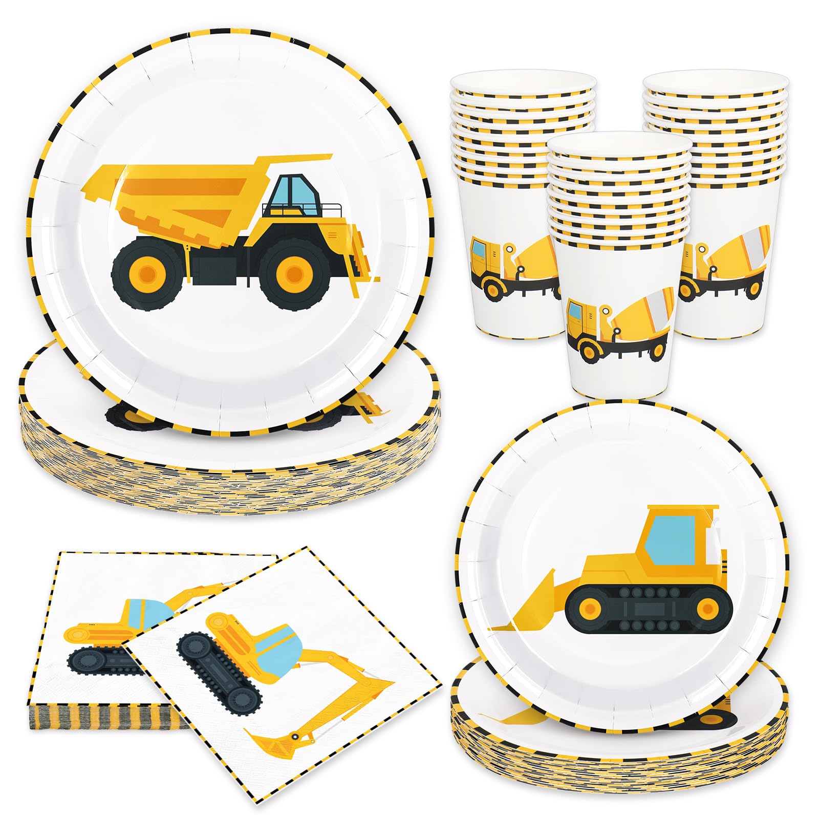 Whaline 96Pcs Construction Party Tableware Dump Truck Paper Plate Napkin Cup Yellow Black