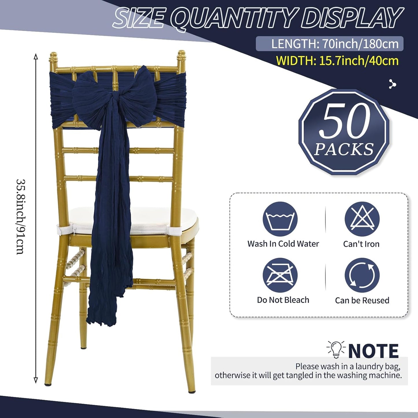 50 PCS Cheesecloth Chair Sashes Bows Wedding Aisle Decorations Chair Ribbon Ties Back Sash for Wedding Party Events Banquet Chair Cover Decoration (Navy Blue)