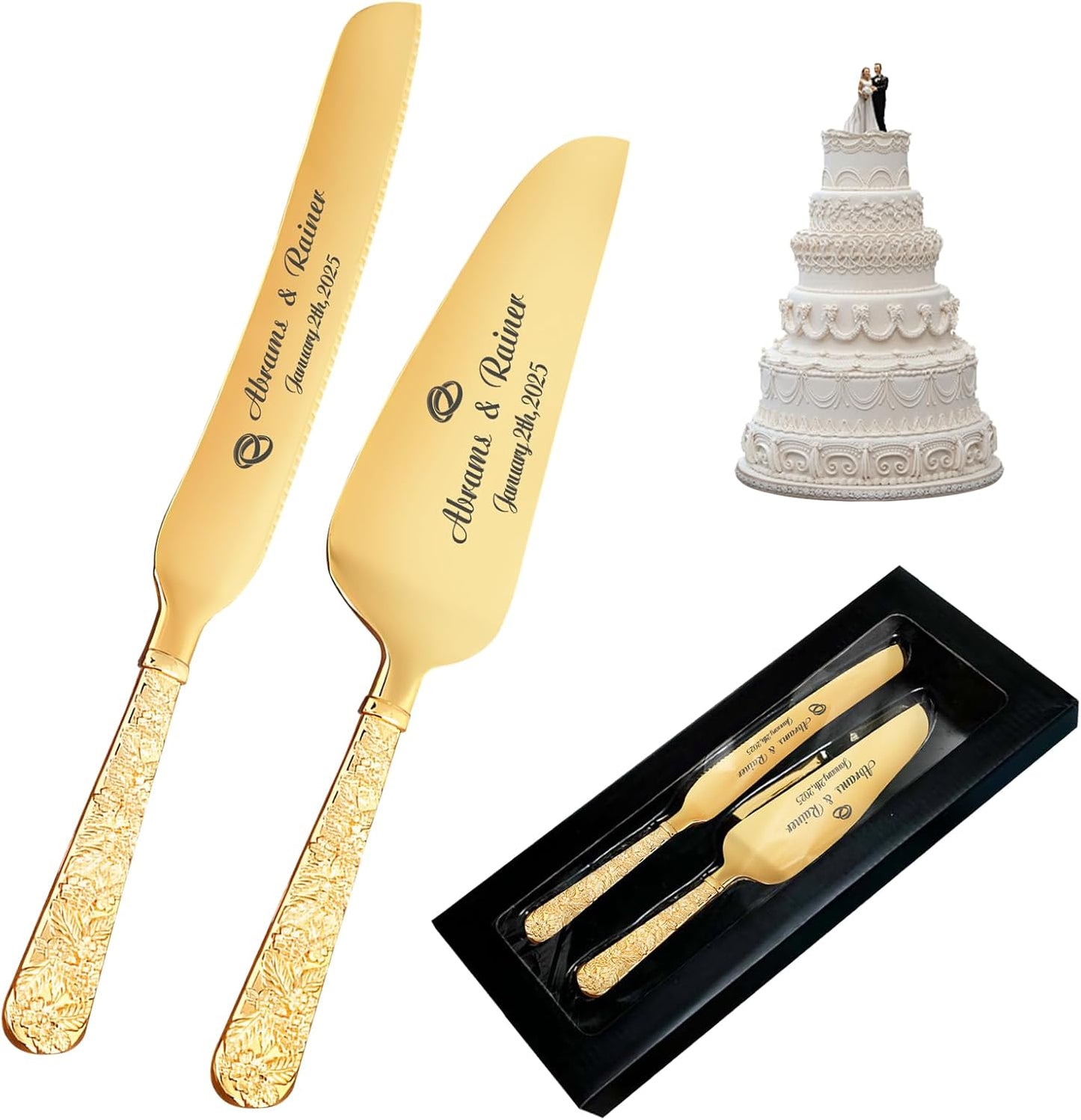 HJX Personalized Wedding Cake Knife and Server Set - Custom Name Engraved Cutting Set with Elegant Gift Box, Ideal for Bridal Wedding Anniversary Birthday Gifts (Embossed handle)