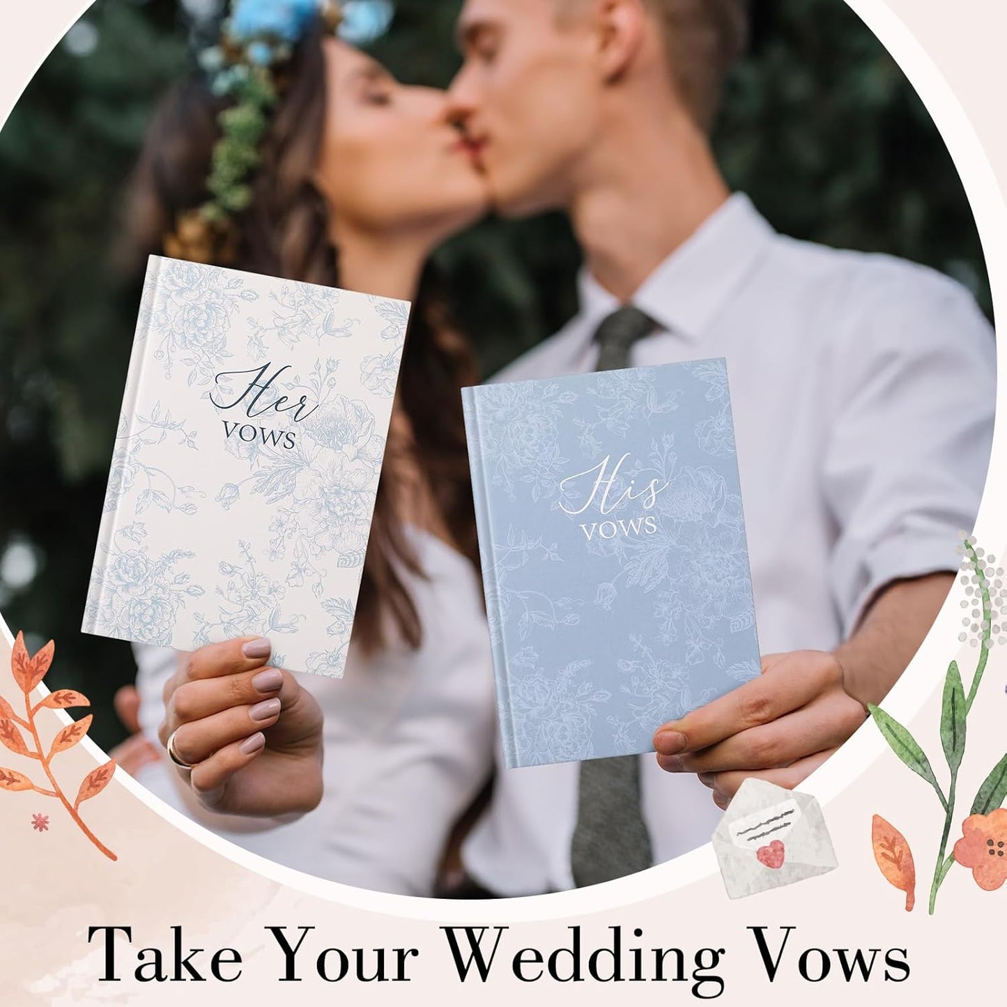 Set of 2 Vow Books His and Hers, Wedding Vow Books (6.06x4.17) Wedding Keepsake Essentials Elegant Bridal Shower Ceremony Gift Elopement Essentials(Blue,Floral)