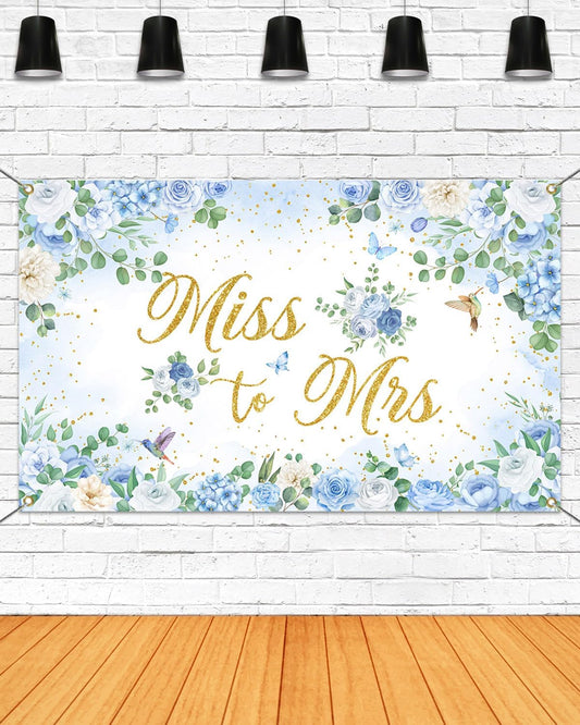 Mocsicka Miss to Mrs Banner Blue Floral Gold Dots Bridal Shower Party Decorations Banner for Wedding Engagement Bachelorette Party Backdrop for Photography Photo Booth Props (Blue, 70.8x43.3 inch)