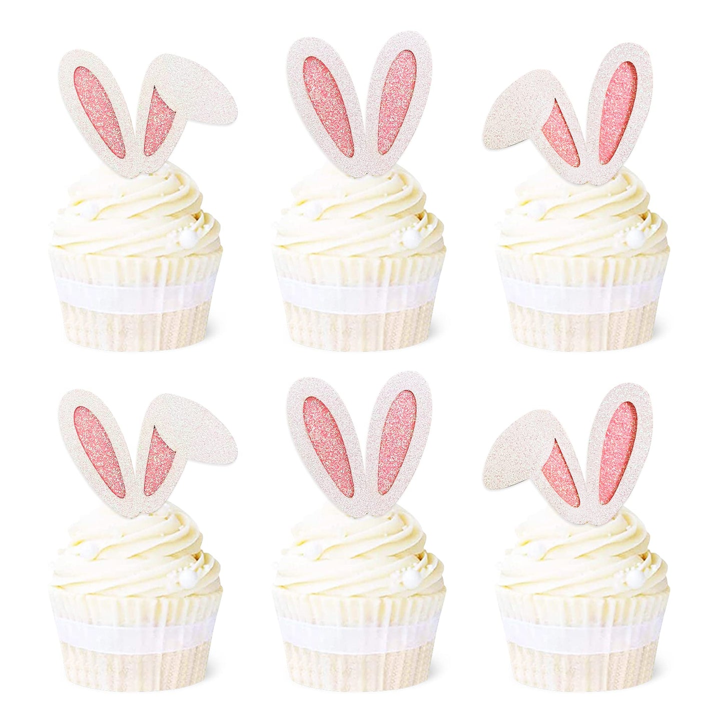 Ercadio 24 Pack Easter Bunny Ear Cupcake Toppers Glitter Pink Rabbit Ears Cupcake Picks Easter