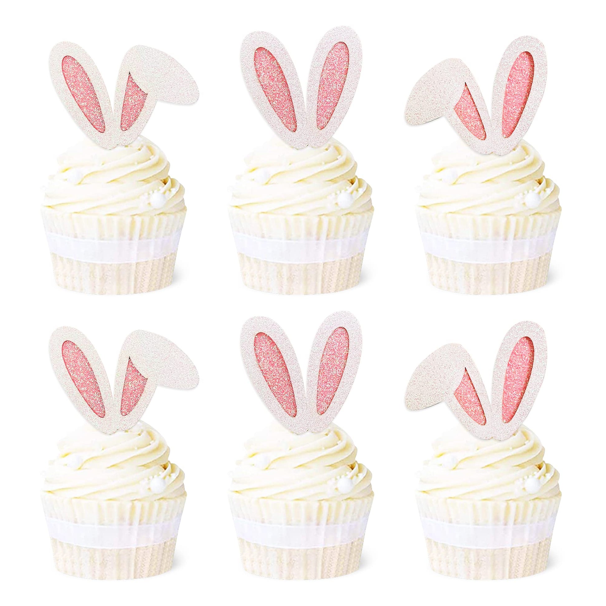 Ercadio 24 Pack Easter Bunny Ear Cupcake Toppers Glitter Pink Rabbit Ears Cupcake Picks Easter