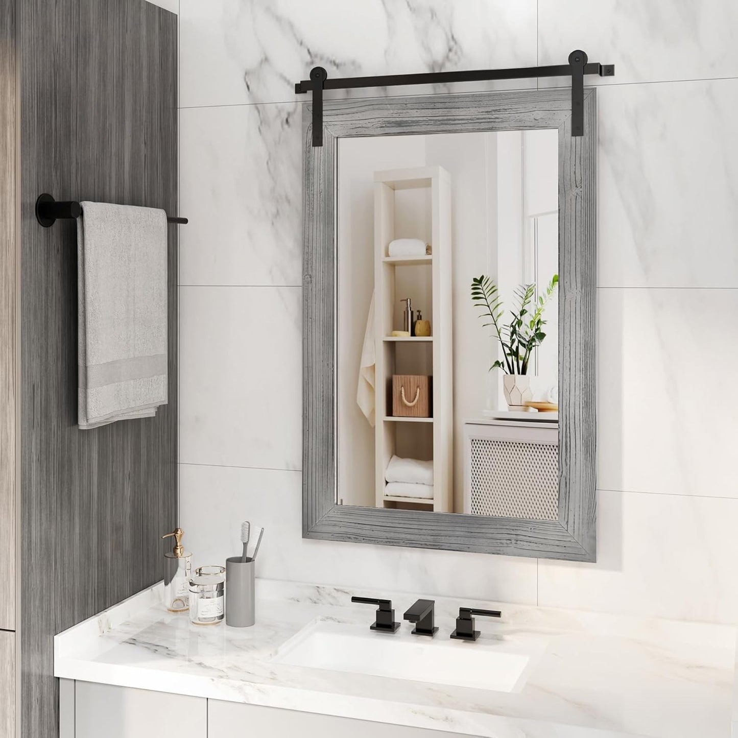 COGOOD Farmhouse Barn Door Mirror - 25 x 38 Rustic Bathroom Mirror for Living Room, Entryway, Vanity Wall Decor (Grey)