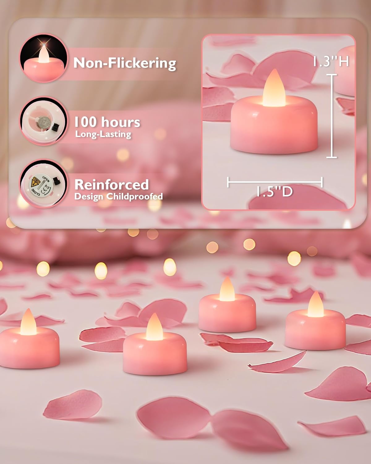 Amagic 12 Pack Pink Flameless LED Tea Lights Candles Battery Operated, Electric Fake Tealight Candles for Votive, Wedding, Table Centerpiece, Theme Party, Aniversary, Proposal, Christmas, Pink Base