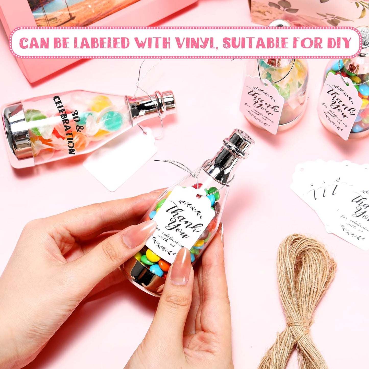 Gerrii 100 Pcs Silver Champagne Bottle Container Set, Mini Champagne Candy Bottles Plastic DIY Favor Candy Jars with Tags Party Favor Containers for Baby Shower Bridal Wedding Birthday Party