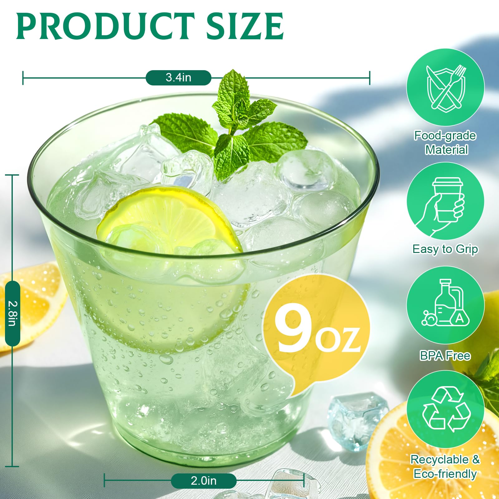 Glowserve 9 OZ Green Disposable Plastic Cups Cocktail Cup 50 Pack