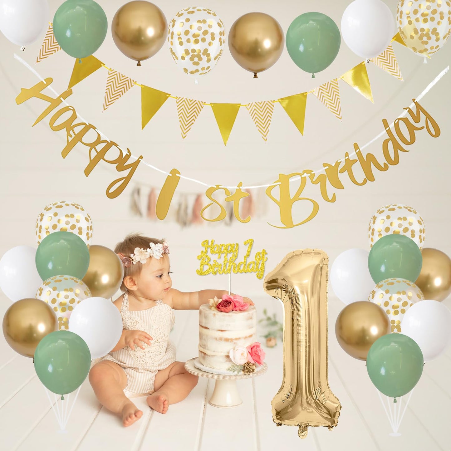 1st Birthday Decorations for Boys Girls, Sage Green White Gold Birthday Balloons with Happy 1st